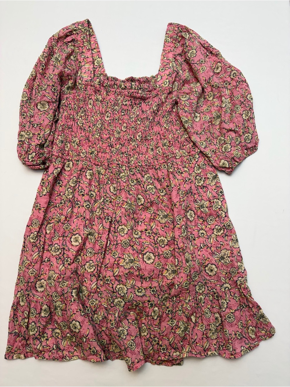 Jessica Simpson Pink Floral Smocked Boho Square Neck Puff Sleeve Dress Large